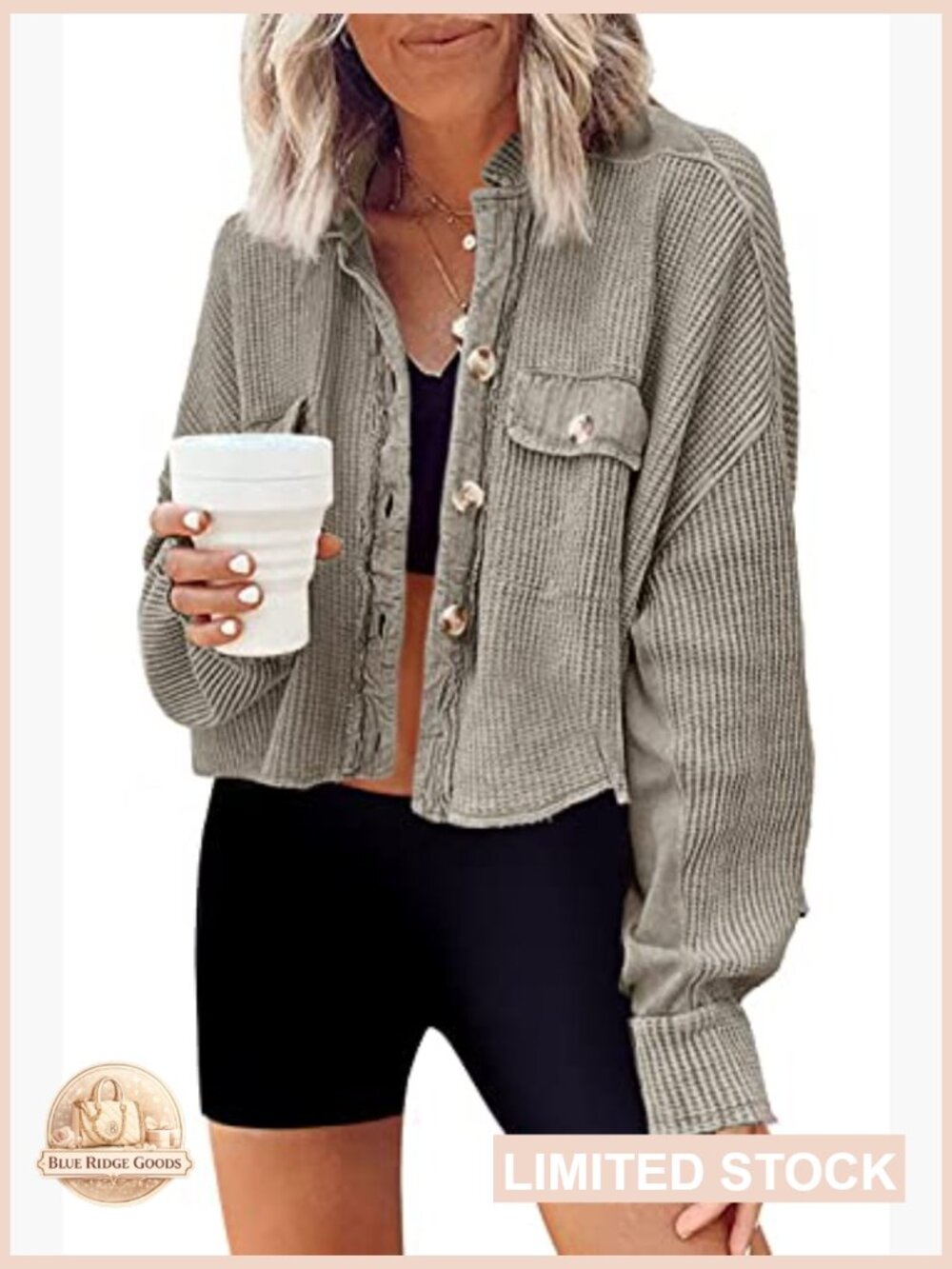 Cropped Waffle Knit Shacket Short Button Down Jacket Batwing Sleeve Pocket - Picture 2 of 6